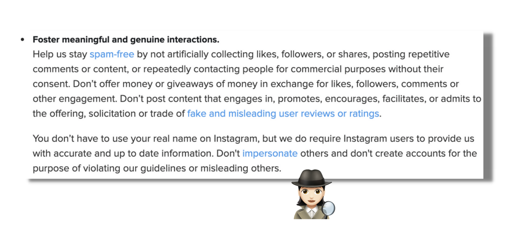 quote from instagram guidelines about buying fake followers, explaining why it's against instagram guidelines to buy fake followers