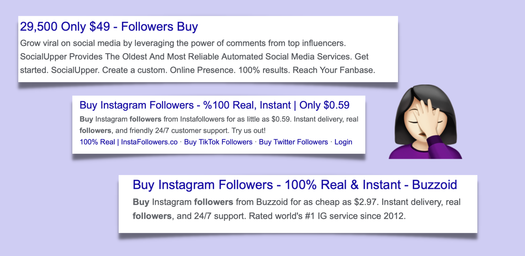 screenshot of offers where people can buy instagram followers